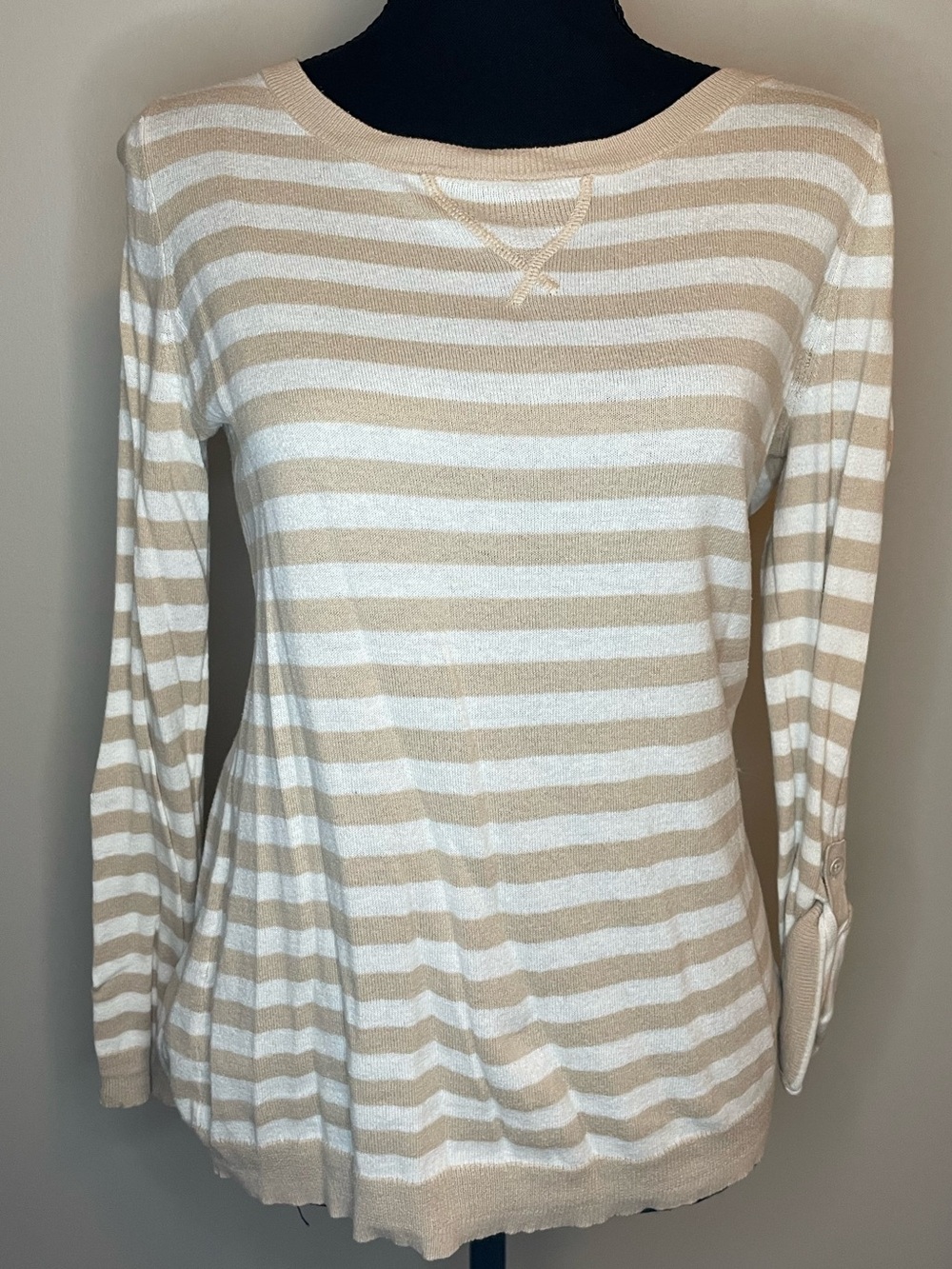 Old Navy Cream and White Striped Long-Sleeve Boatneck Top